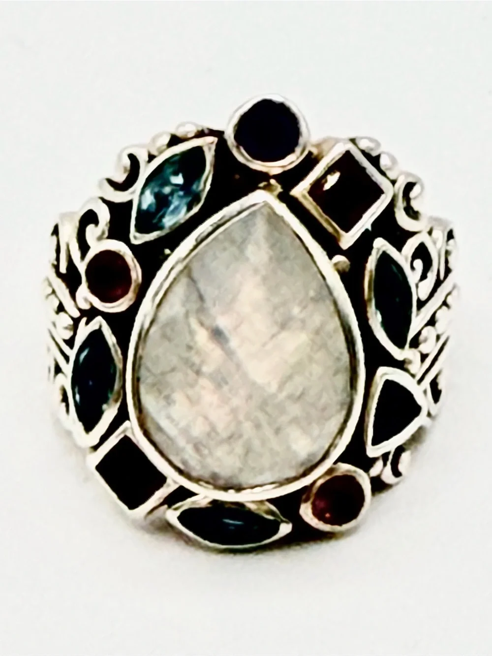 Bali Ornate Sterling Silver Faceted Moonstone Ring with Multicolored Gem Accents